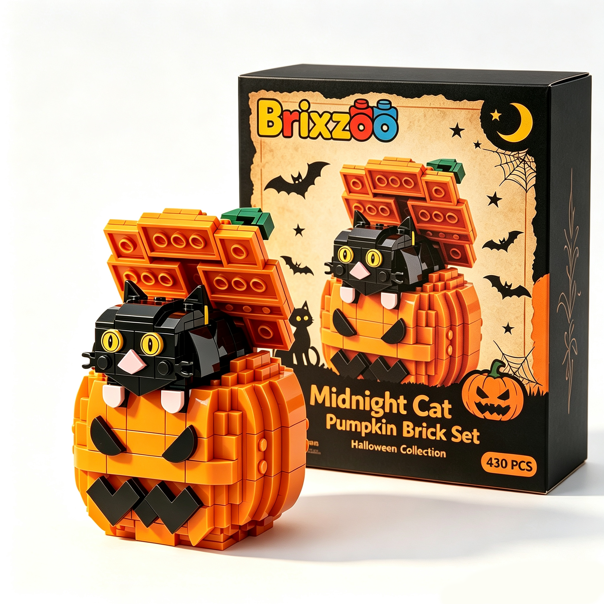 Midnight Cat Pumpkin Brick Set 🐈‍⬛🧡- Brixzoo
