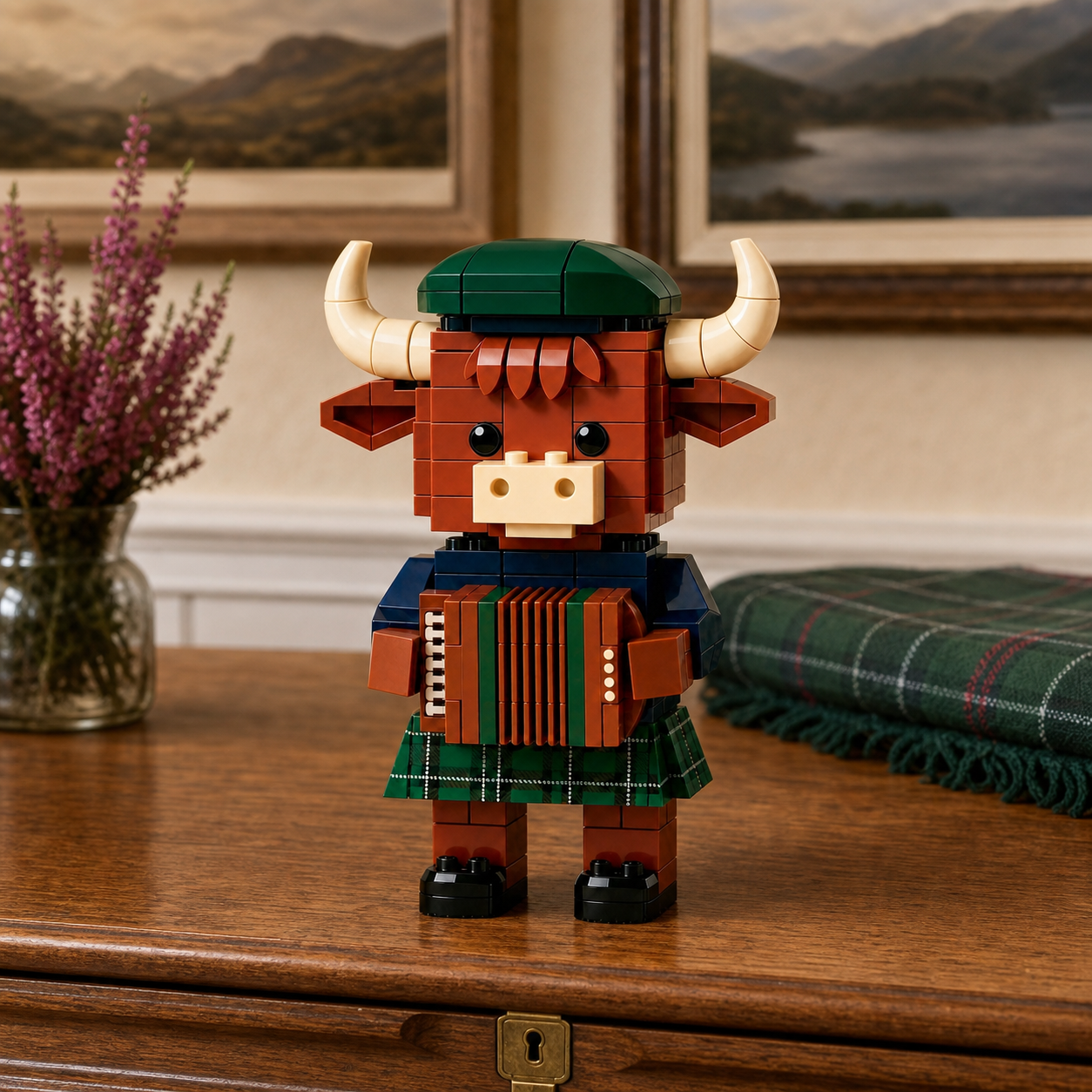 Scottish Highland Cow Accordion Player Building Block Set