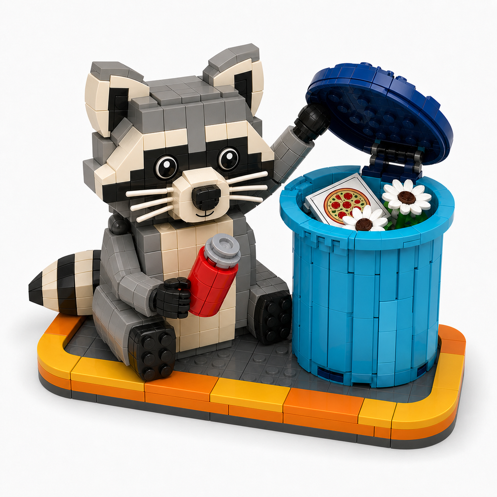 🦝 Trash Can Raccoon Brick Set | Fun Street Scene Display for Kids