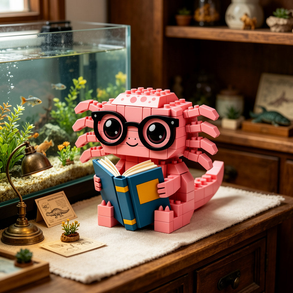 Cute Bookworm Axolotl Building Blocks with Glasses🦎