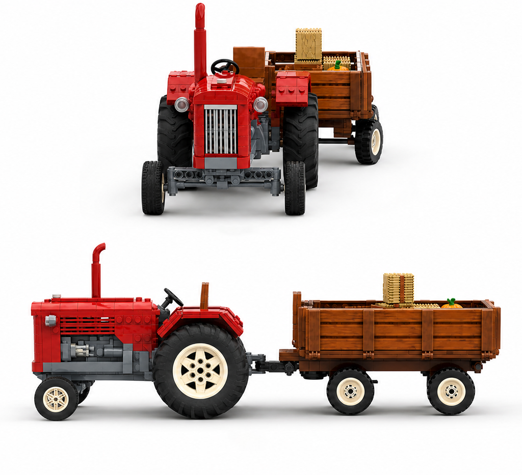 Vintage Farm Tractor with Trailer Brick Set | Retro Agricultural Building Kit for Adults