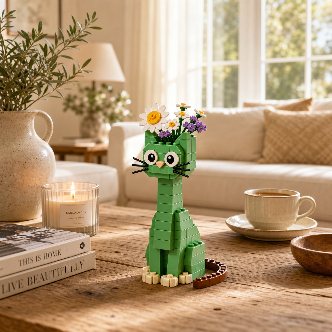 🐈🌼 Green Cat Flower Vase Building Blocks with Mixed Floral Bouquet