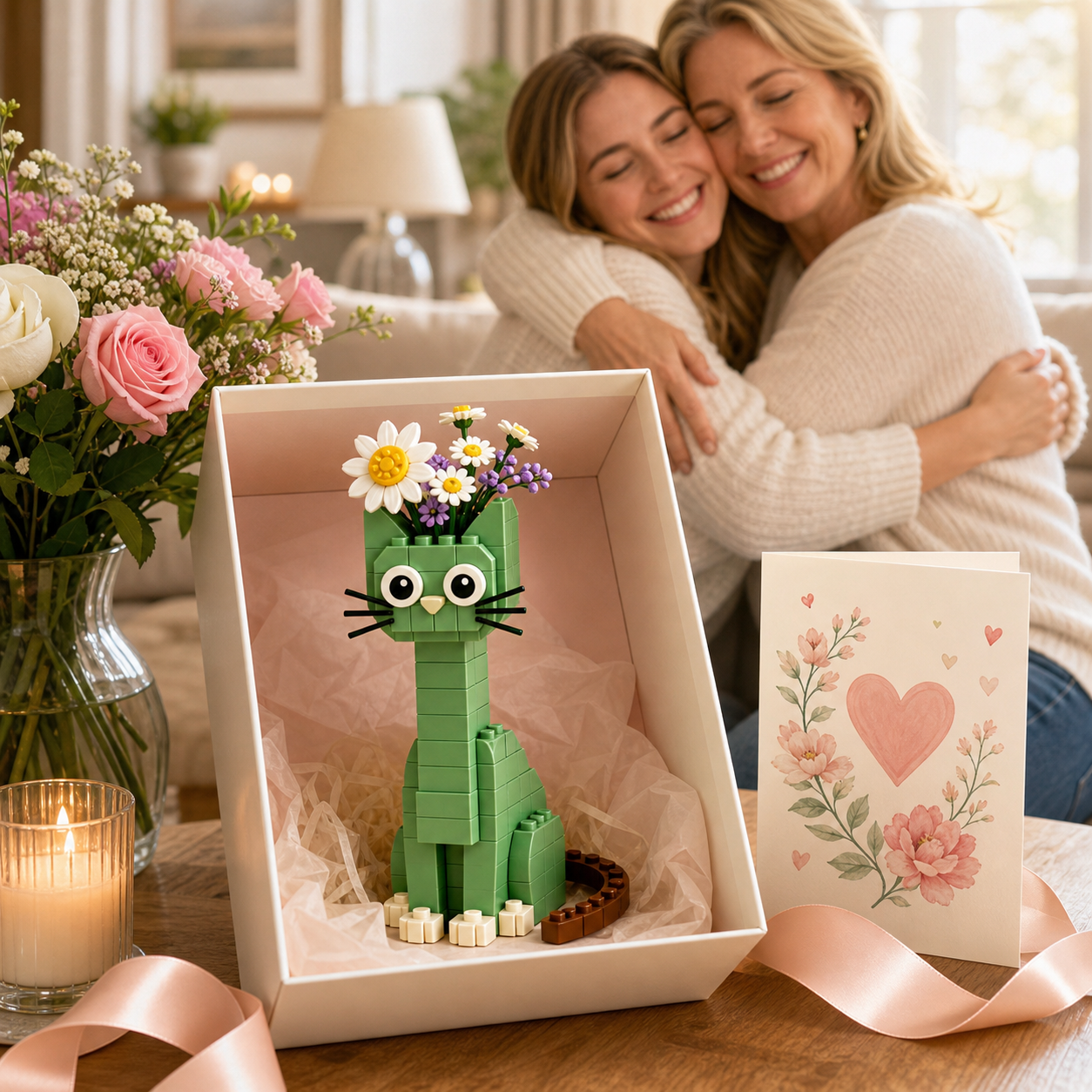 🐈🌼 Green Cat Flower Vase Building Blocks with Mixed Floral Bouquet