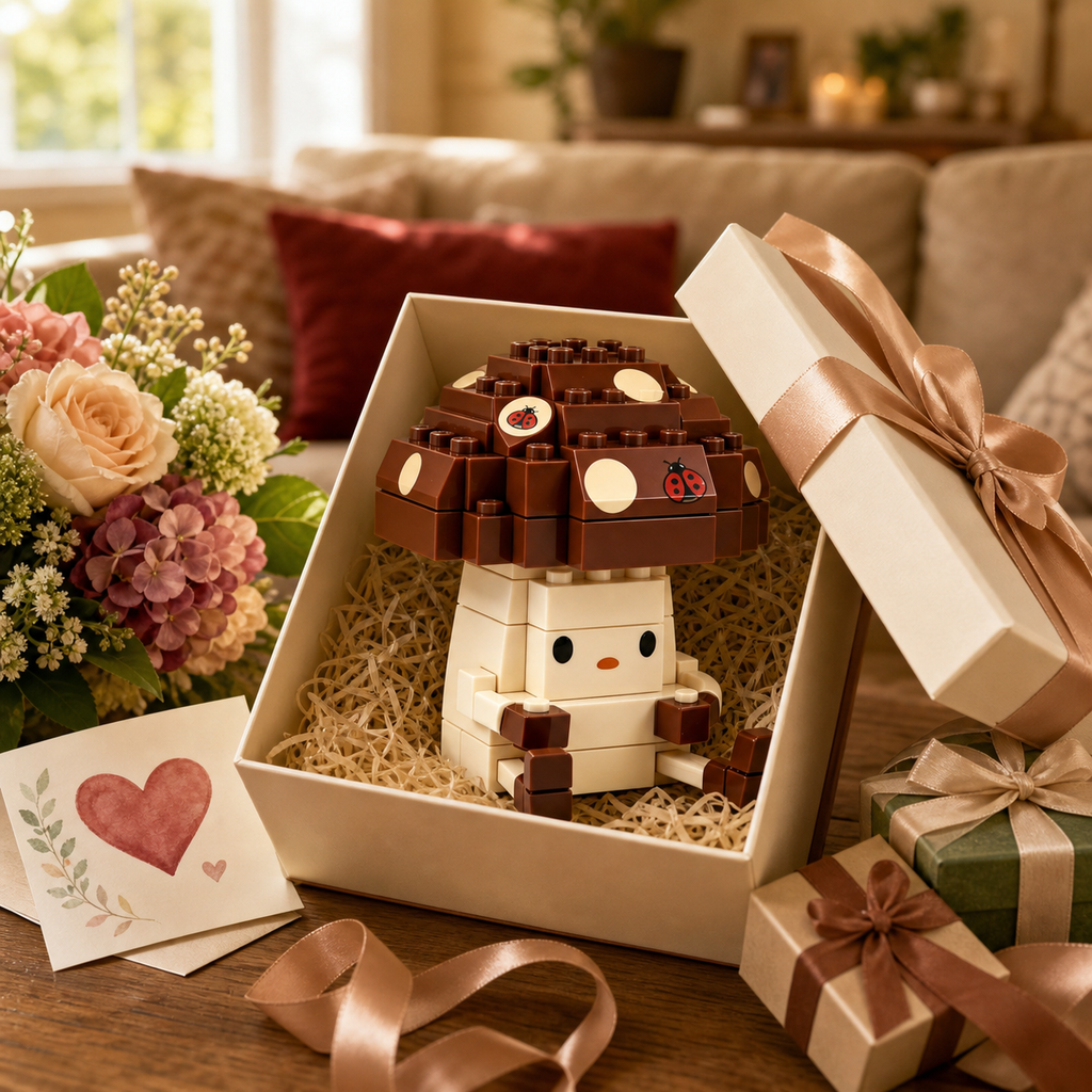 Cute Mushroom Character Building Blocks with Ladybug Print Caps