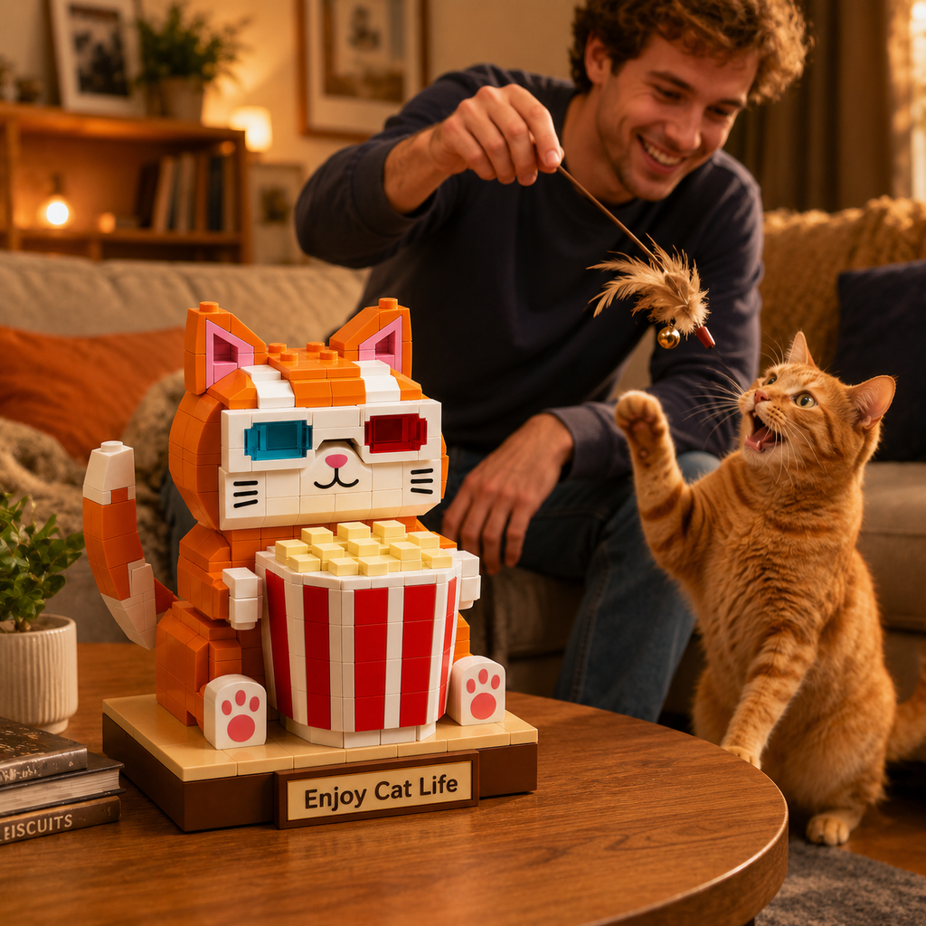 🐱🍿 Collectible Movie Night Cat Brick Set 😎✨