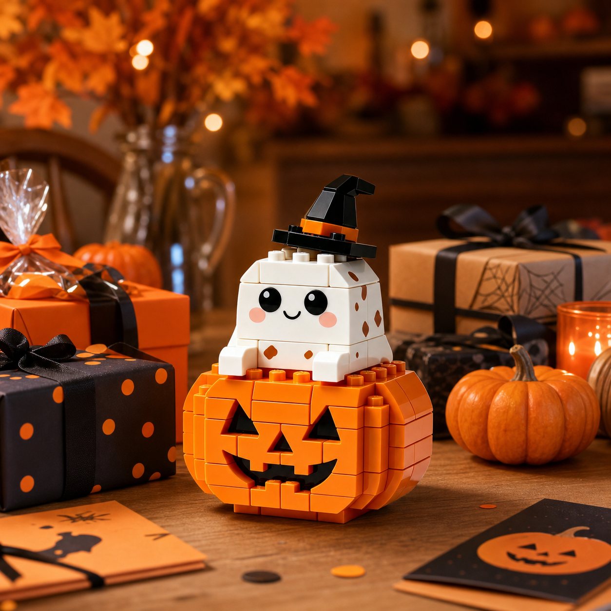 Cute Ghost Witch Hat Building Blocks with Jack-o'-Lantern Pumpkin