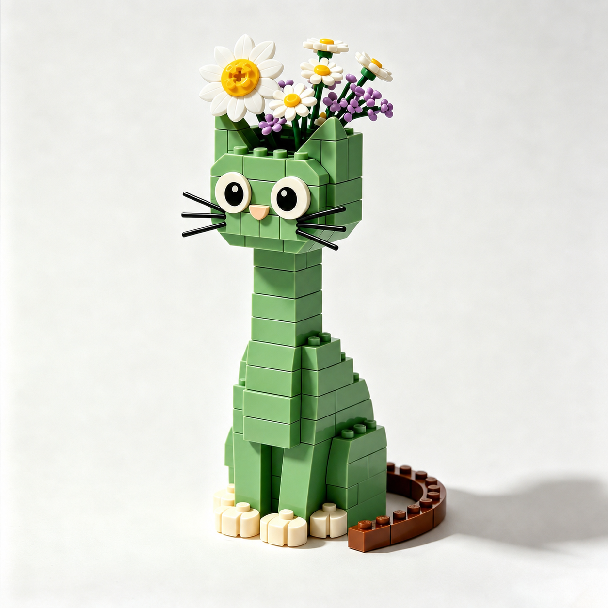 🐈🌼 Green Cat Flower Vase Building Blocks with Mixed Floral Bouquet