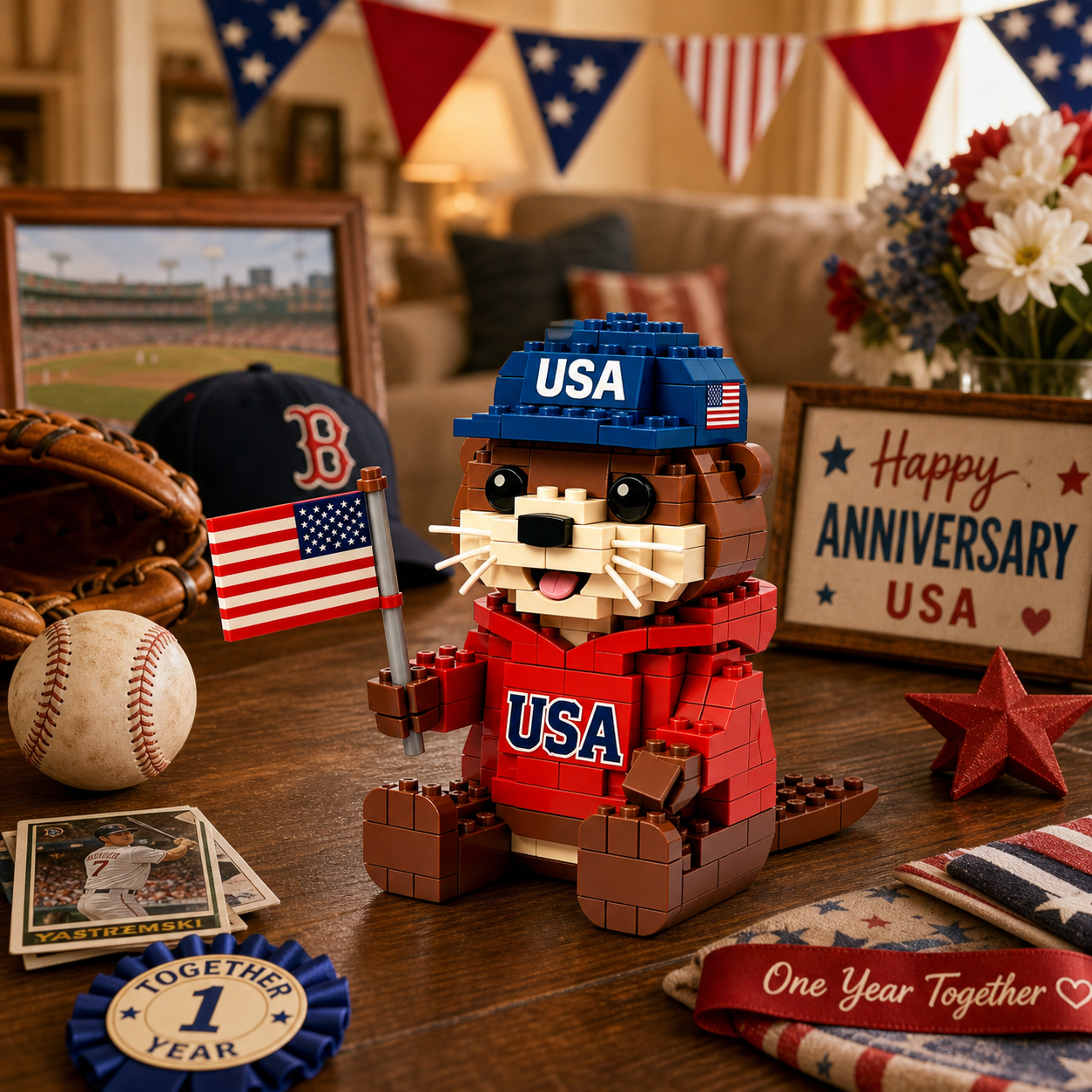 Patriotic USA Beaver Building Blocks with American Flag