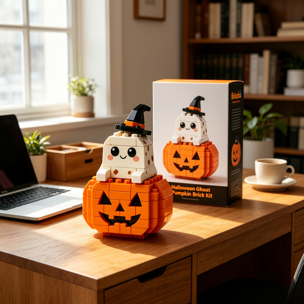Cute Ghost Witch Hat Building Blocks with Jack-o'-Lantern Pumpkin