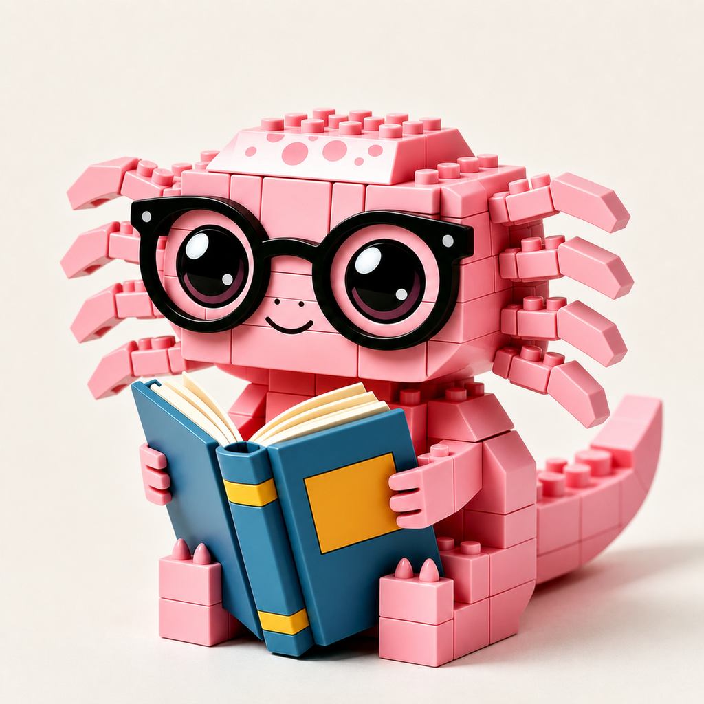 Cute Bookworm Axolotl Building Blocks with Glasses🦎