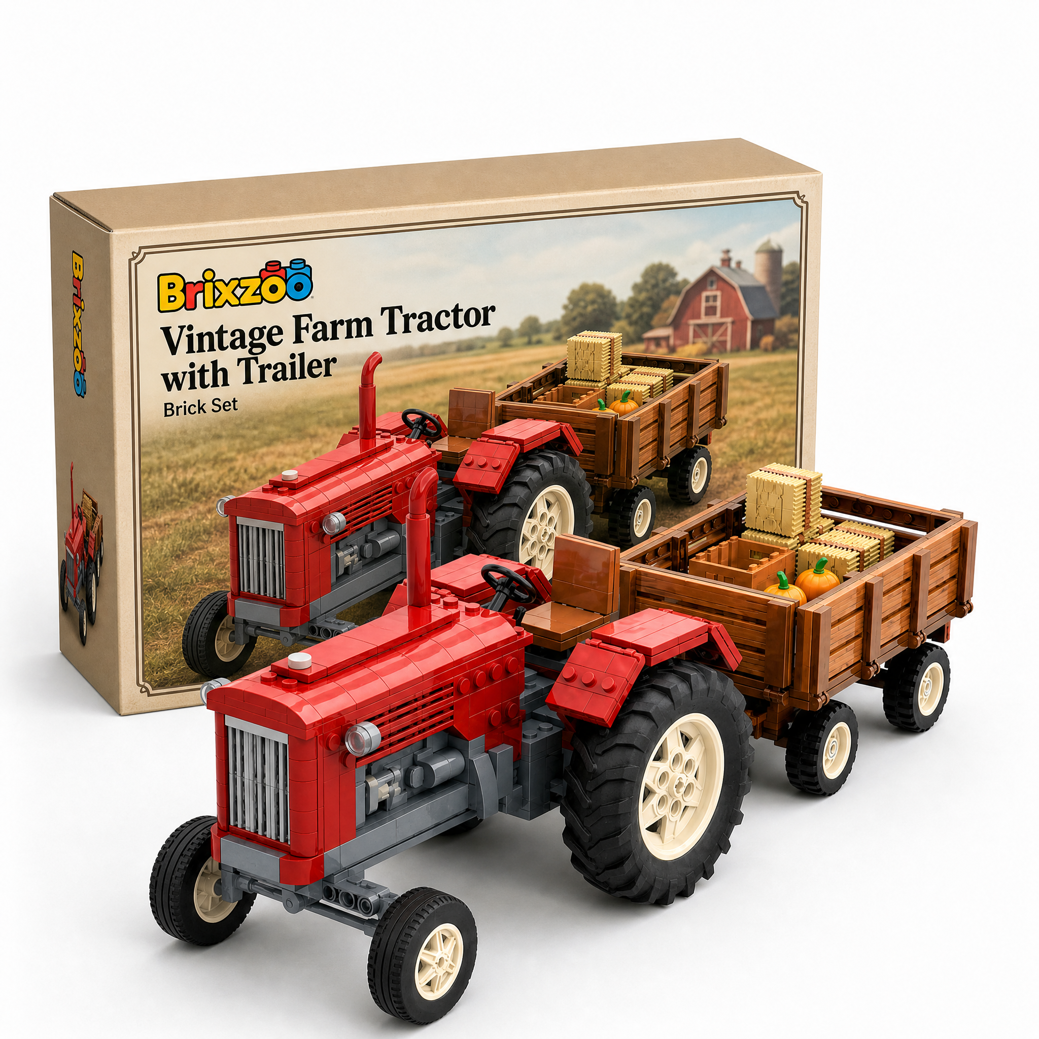 Vintage Farm Tractor with Trailer Brick Set | Retro Agricultural Building Kit for Adults