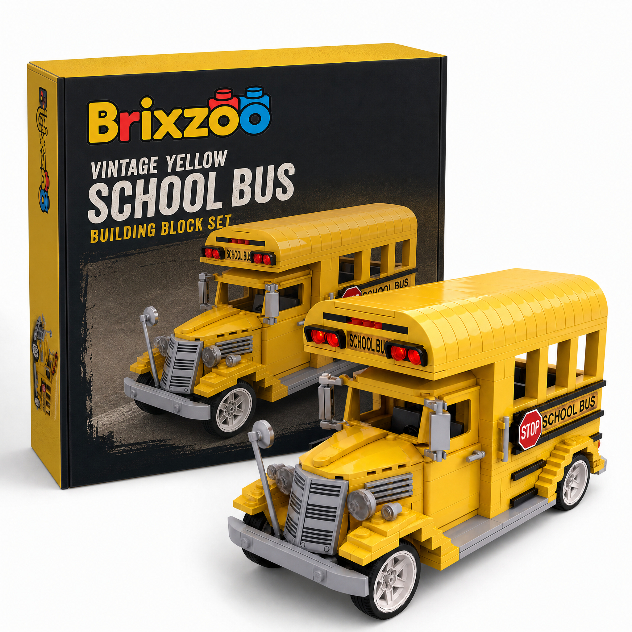 Vintage Yellow School Bus Building Block Set | Classic Vehicle Display Model for Adults