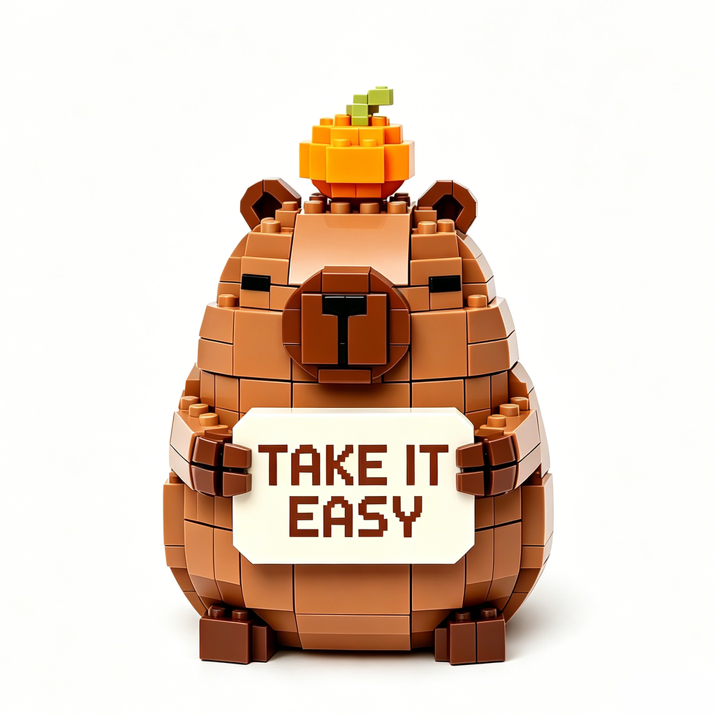 Take It Easy Capybara Brick Building Set 🤎🌿 Positive Quote Brick Display for Study Nook, Workspace, Bedroom Shelf