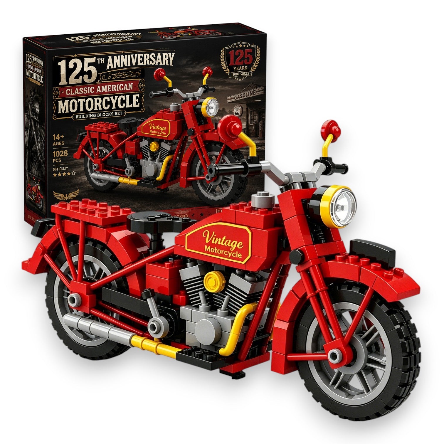 🏍️ Juego de construcción de bloques de la motocicleta americana clásica del 125º aniversario