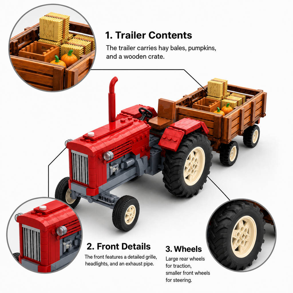 Vintage Farm Tractor with Trailer Brick Set | Retro Agricultural Building Kit for Adults