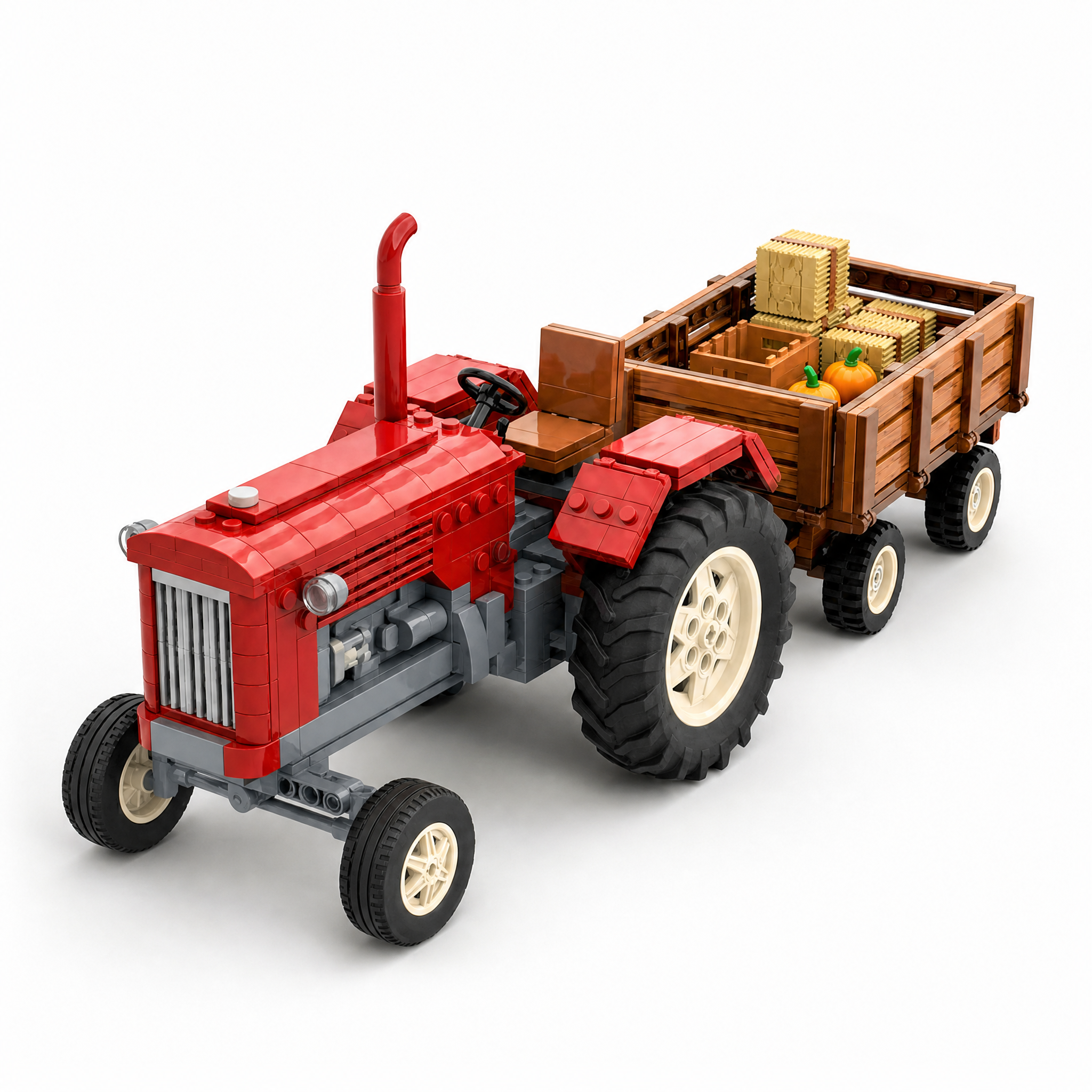 Vintage Farm Tractor with Trailer Brick Set | Retro Agricultural Building Kit for Adults