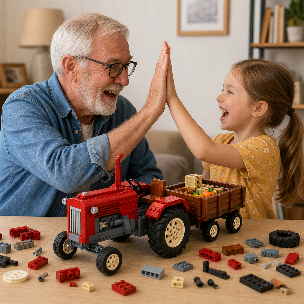 Vintage Farm Tractor with Trailer Brick Set | Retro Agricultural Building Kit for Adults