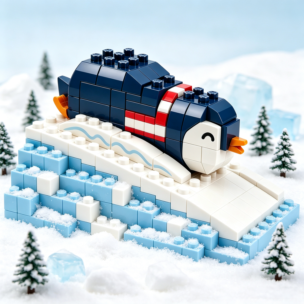 Little Sliding Penguin Winter Brick Set 🐧❄️ | Kawaii Snowy Scene Building Kit with Iceberg