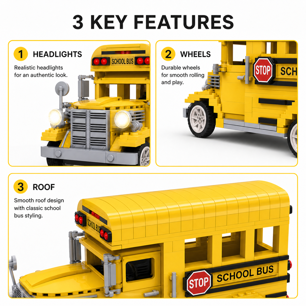 Vintage Yellow School Bus Building Block Set | Classic Vehicle Display Model for Adults