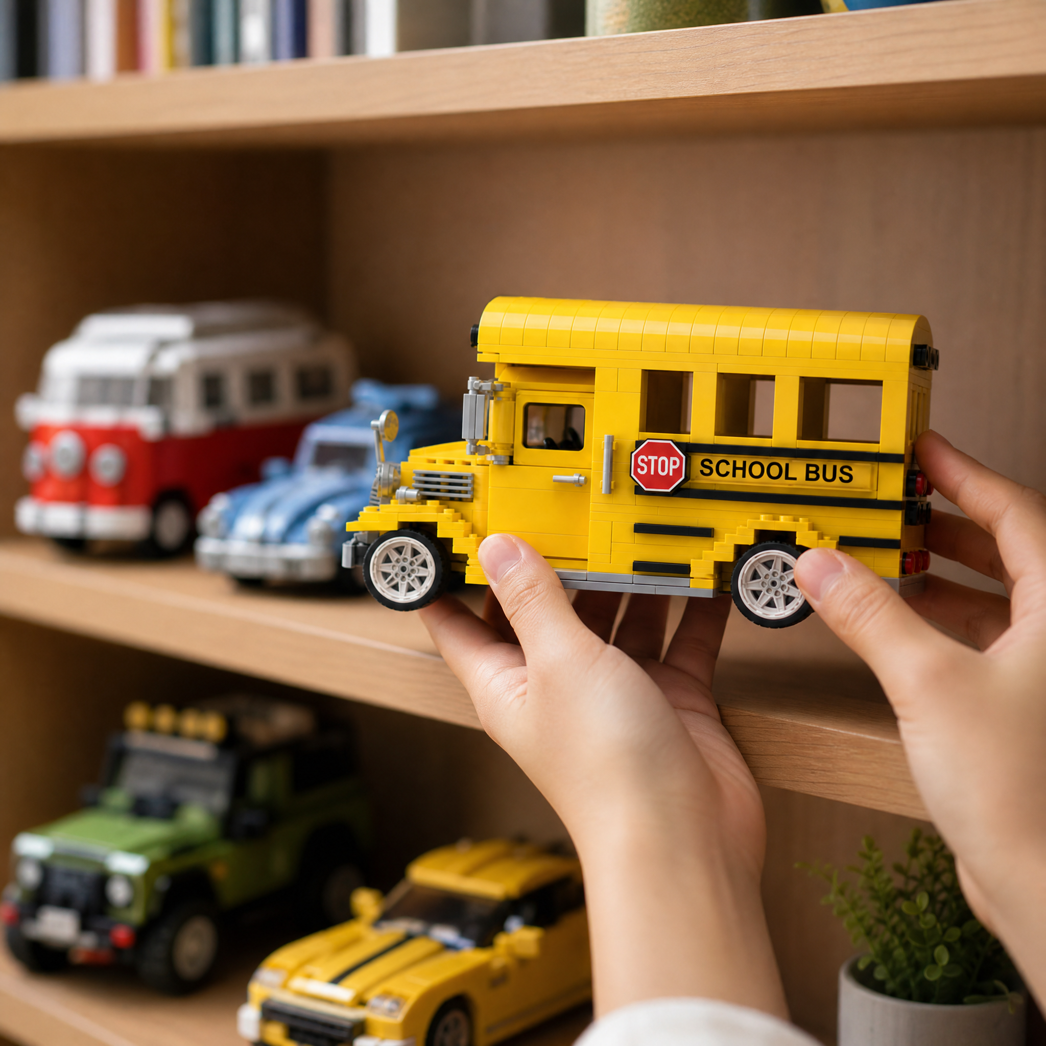 Vintage Yellow School Bus Building Block Set | Classic Vehicle Display Model for Adults