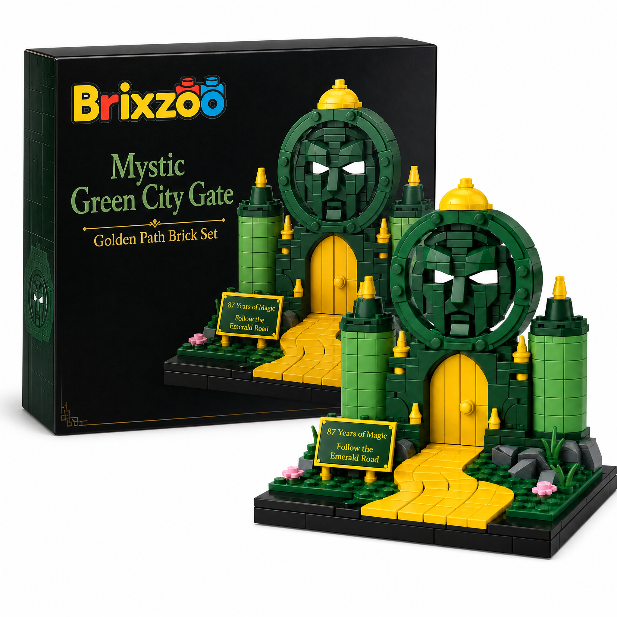 Mystic Green City Gate & Golden Path Brick Set | Nostalgic Fantasy Display Collectible for Adults
