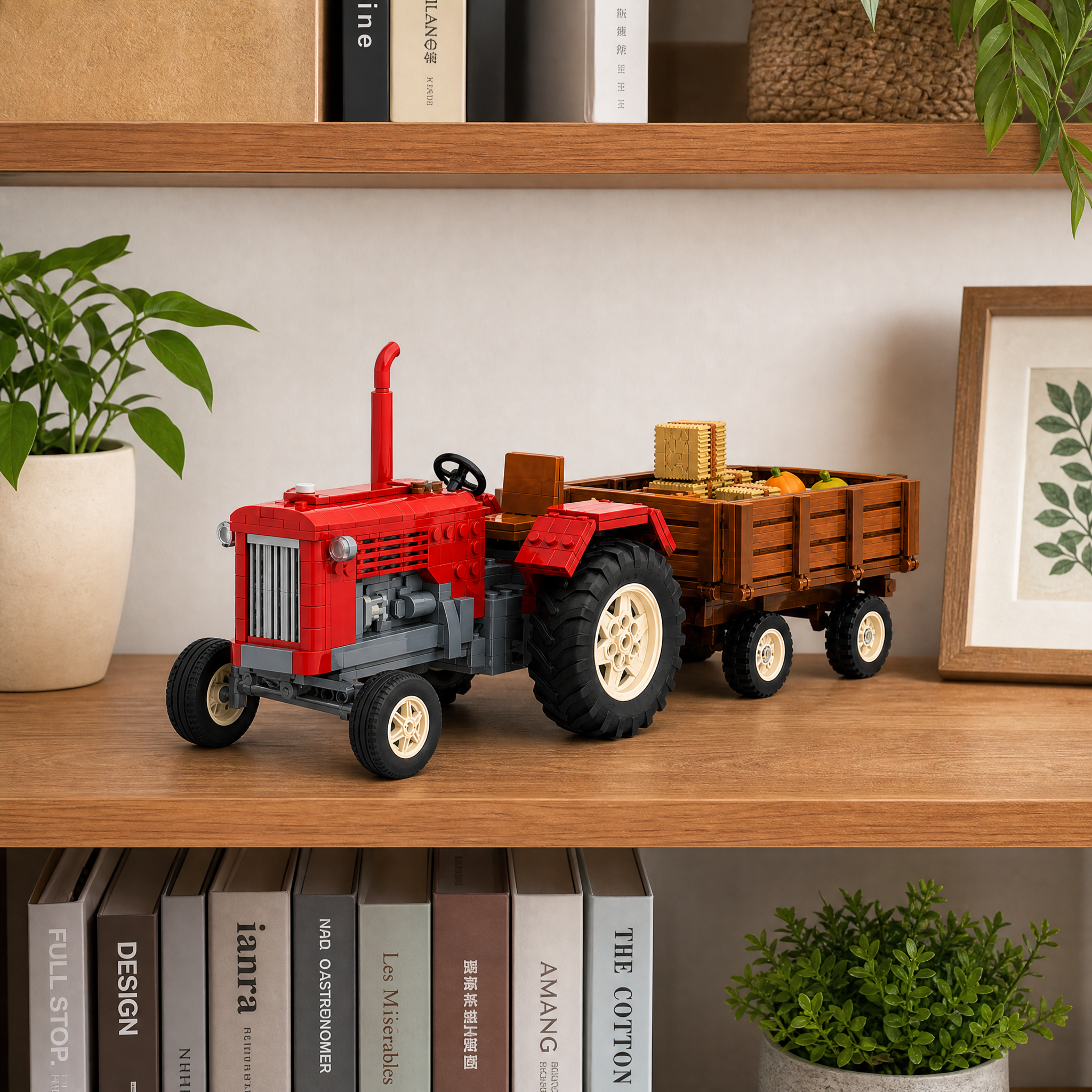 Vintage Farm Tractor with Trailer Brick Set | Retro Agricultural Building Kit for Adults