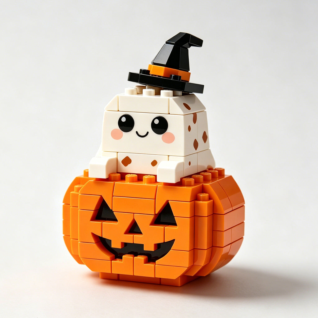 Cute Ghost Witch Hat Building Blocks with Jack-o'-Lantern Pumpkin
