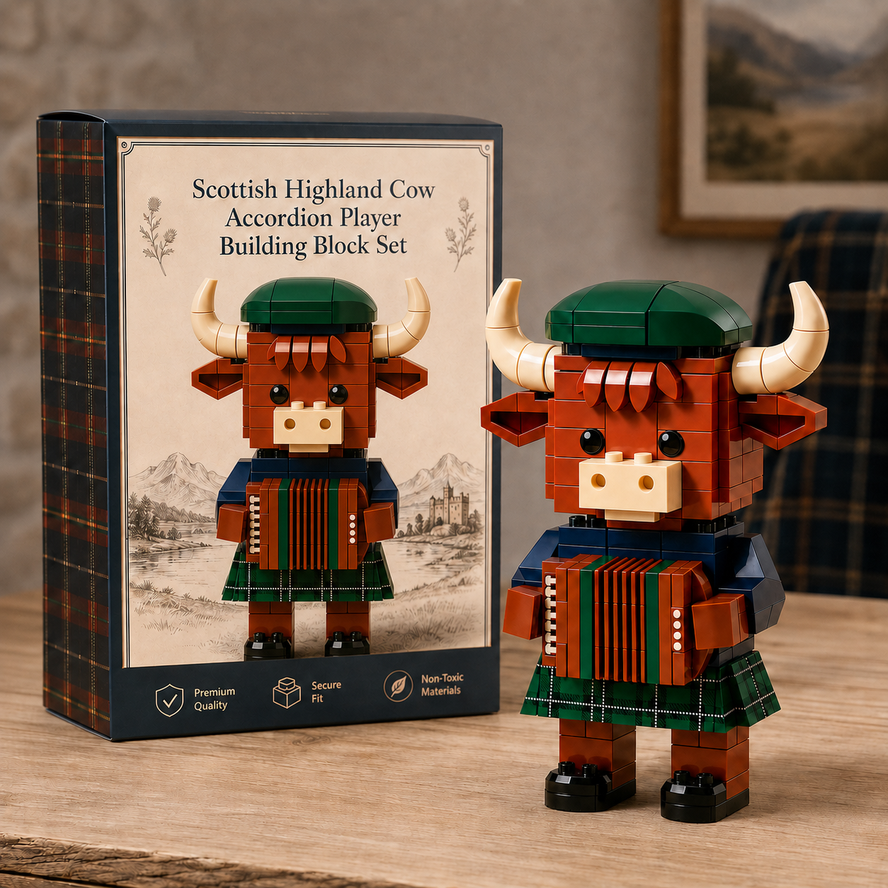 Scottish Highland Cow Accordion Player Building Block Set