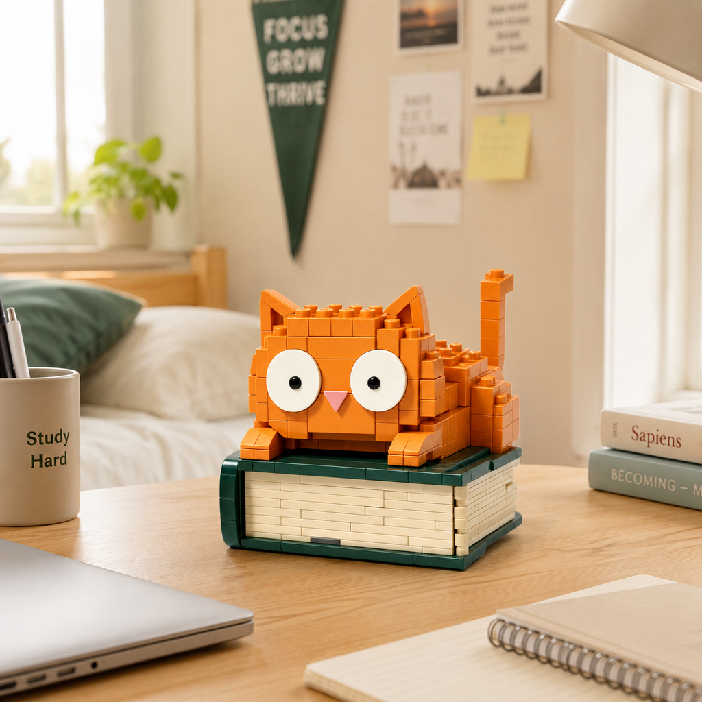 Bookish Orange Cat Building Brick Set 📚🍊 | Big-Eyed Kitten on Book Desk Decor, Cozy Cottagecore Shelf Ornament, Cute Gift for Cat Lovers, Bookworms, Kids & Adults