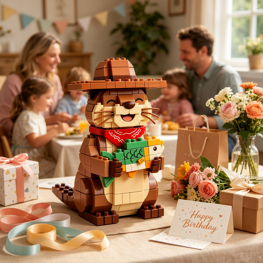 Cowboy Otter Building Blocks with Fish | Cabin Lifestyle Decor