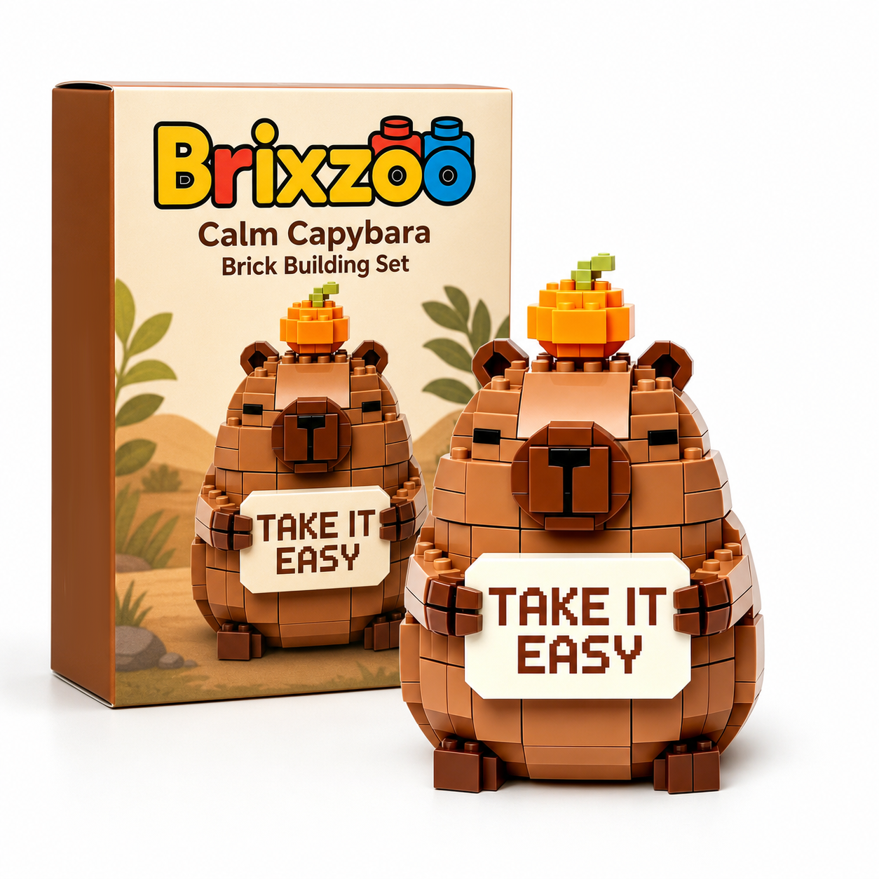 Take It Easy Capybara Brick Building Set 🤎🌿 Positive Quote Brick Display for Study Nook, Workspace, Bedroom Shelf
