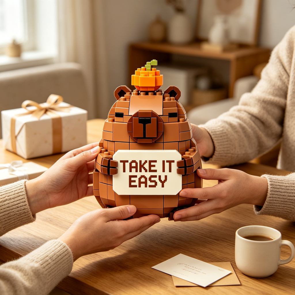 Take It Easy Capybara Brick Building Set 🤎🌿 Positive Quote Brick Display for Study Nook, Workspace, Bedroom Shelf