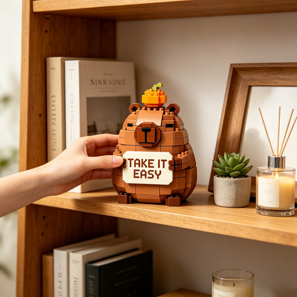 Take It Easy Capybara Brick Building Set 🤎🌿 Positive Quote Brick Display for Study Nook, Workspace, Bedroom Shelf