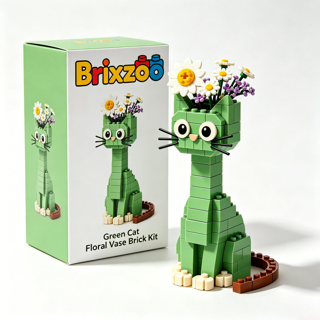 🐈🌼 Green Cat Flower Vase Building Blocks with Mixed Floral Bouquet