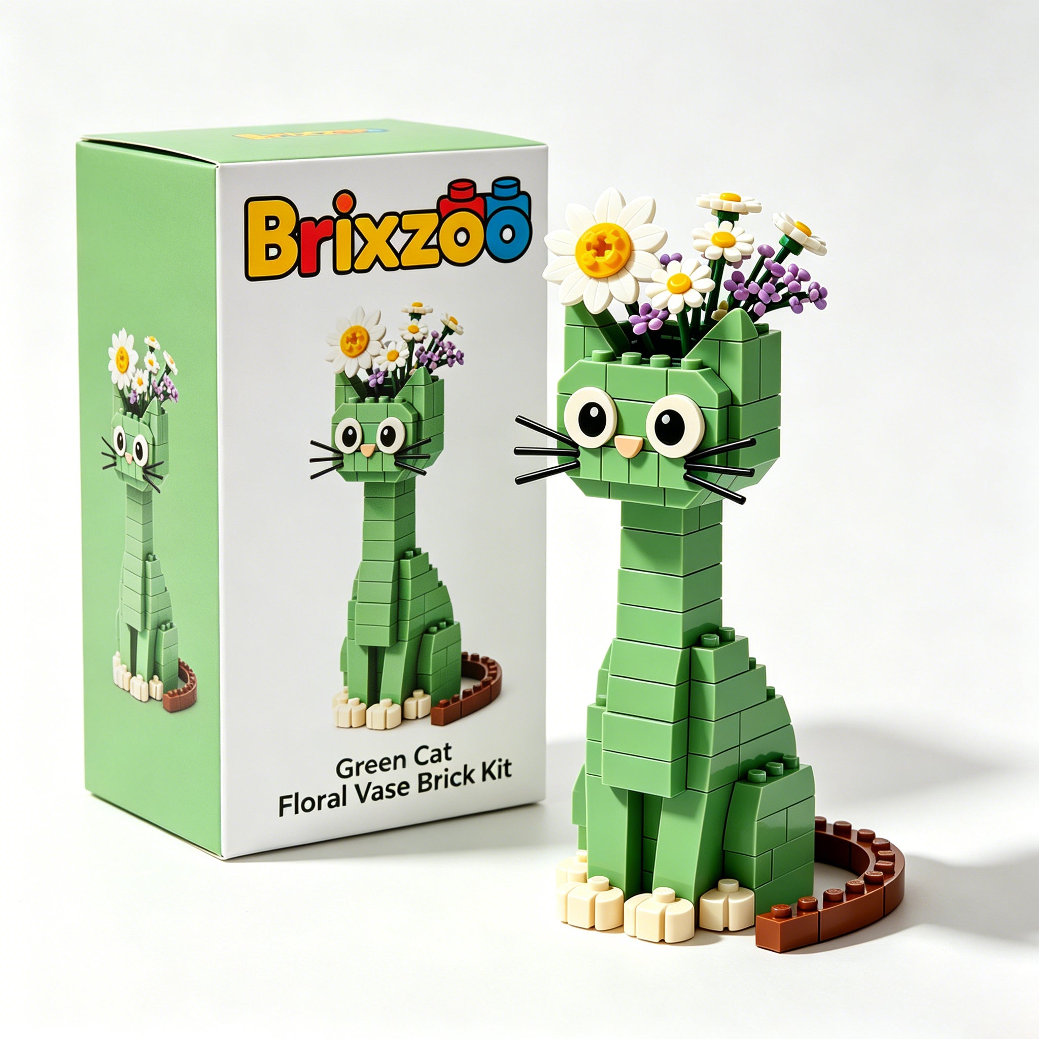 🐈🌼 Green Cat Flower Vase Building Blocks with Mixed Floral Bouquet
