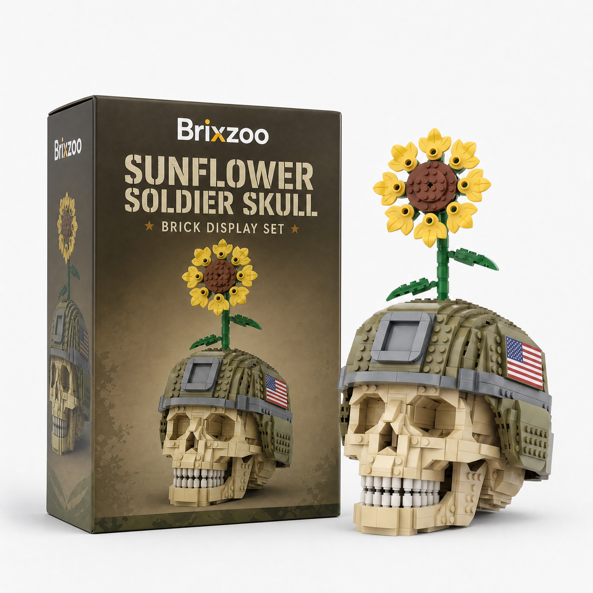 🌻🪖 Sunflower Soldier Skull Brick Display Set