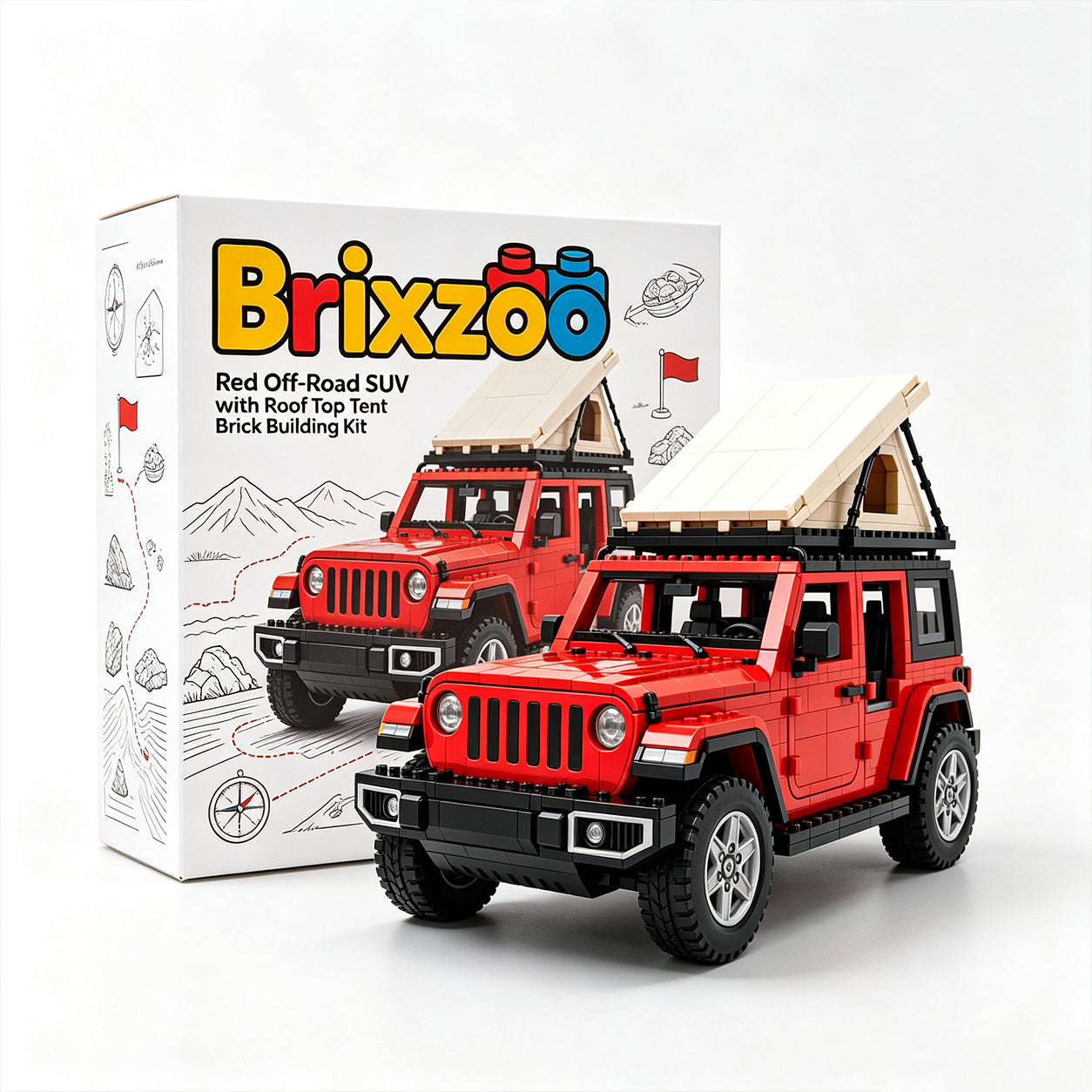Red Overland Camping SUV Brick Building Kit