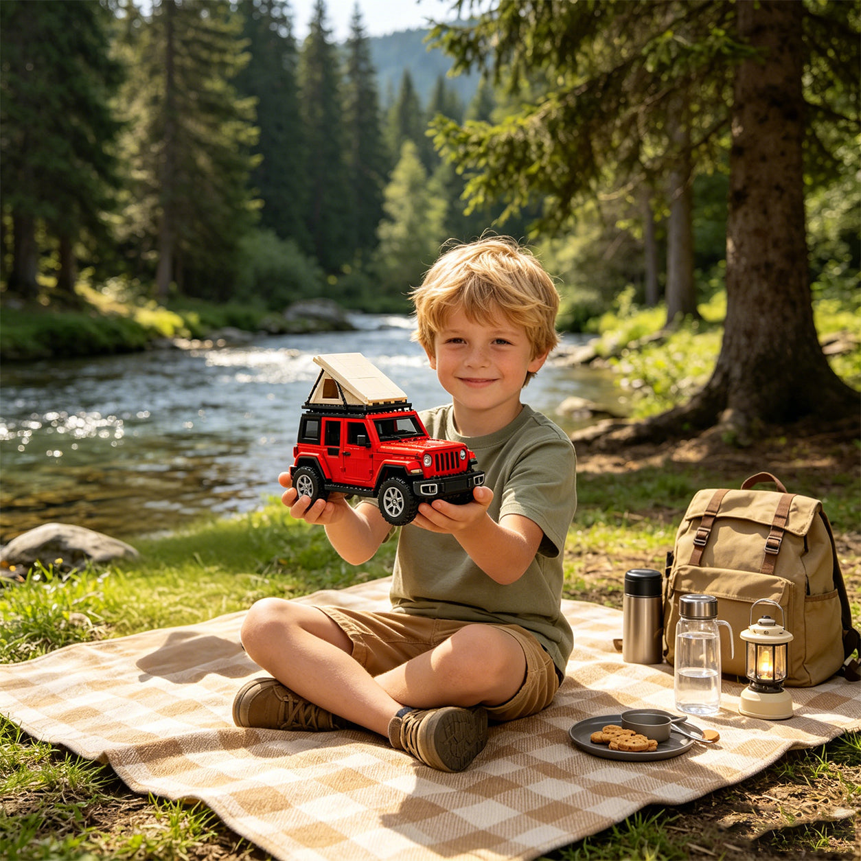 Red Overland Camping SUV Brick Building Kit
